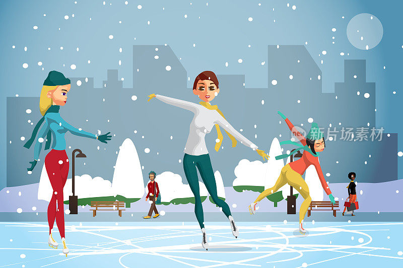 冬季运动。数字滑冰。女人们白天在溜冰场滑冰