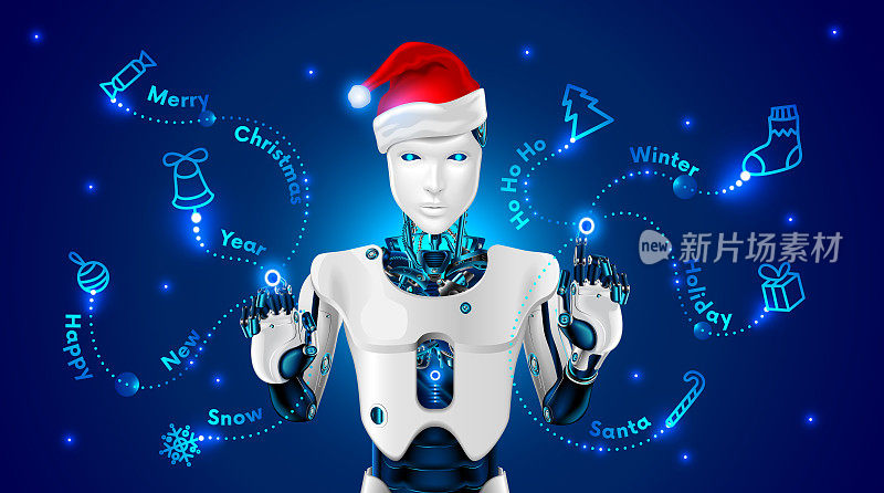 戴着红帽的圣诞老人机器人在全息屏幕上绘制圣诞图案:树、铃儿响铃、糖果手杖、雪花、球、礼物。机器人管理组织圣诞节活动或新年销售。