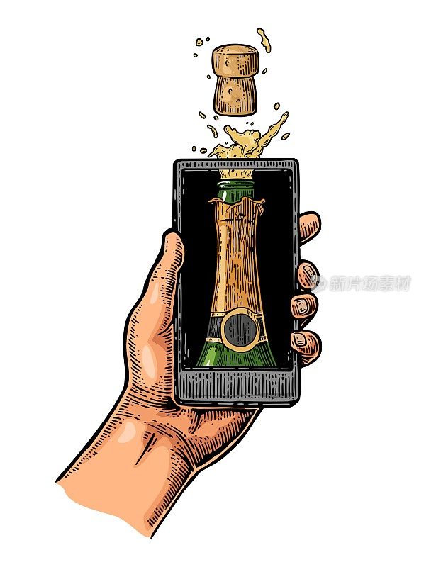 男性手持智能手机用香槟酒爆炸