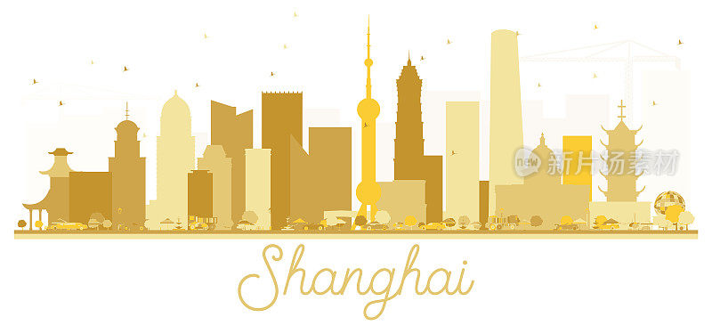 上海中国城市天际线金色剪影。