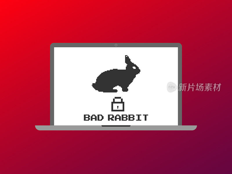 带有兔子和挂锁的坏兔子勒索软件矢量插图，并在笔记本电脑屏幕上显示文本“坏兔子”。