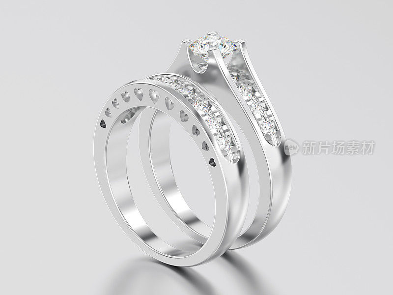 3D插图套二白金或银饰钻石戒指心形装饰