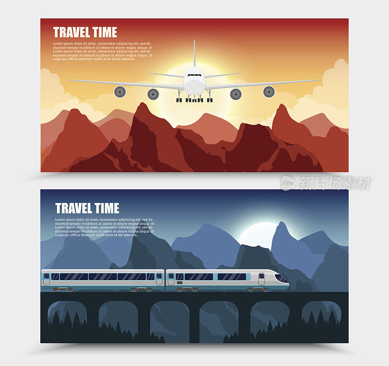 旅游火车和飞机户外与山矢量平面横幅彩色旅游横幅设置。