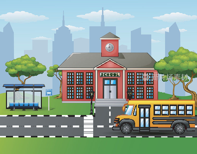 黄色校车在教学楼前设有公交车站