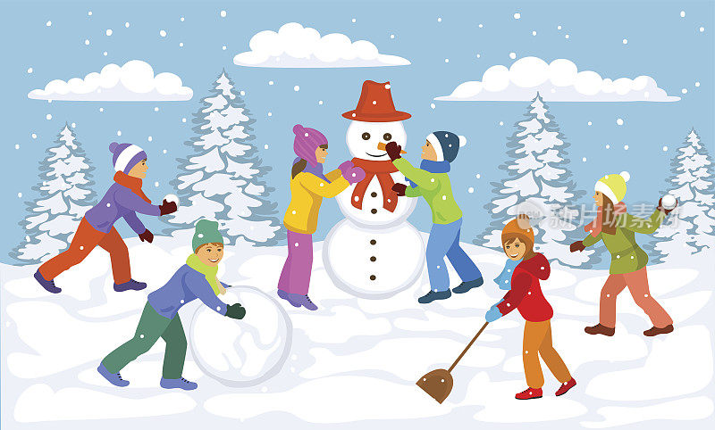 冬天的场景，孩子们在外面玩雪球，堆雪人，玩得很开心