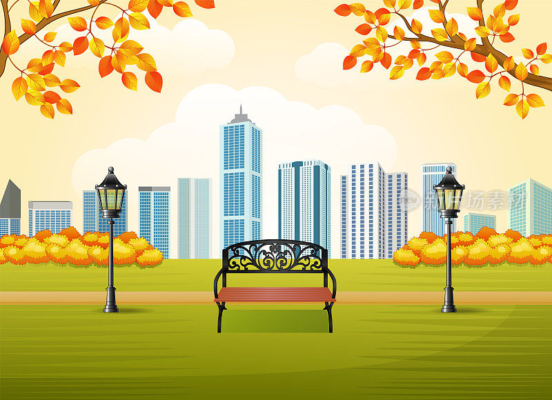 美丽的秋季城市公园以城镇建筑为背景