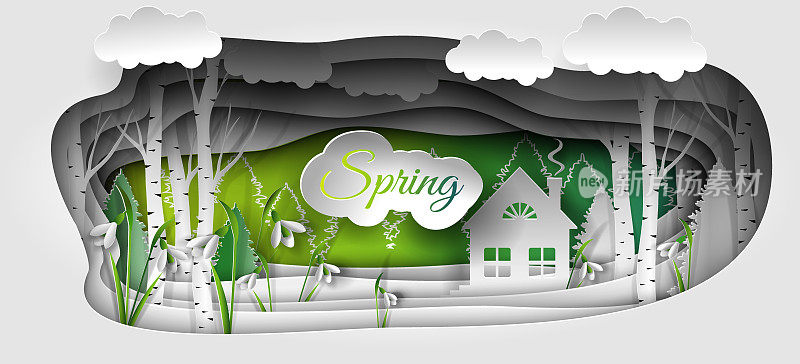 3D剪纸插图的春天森林与树木，雪花莲树与题词“春天”。