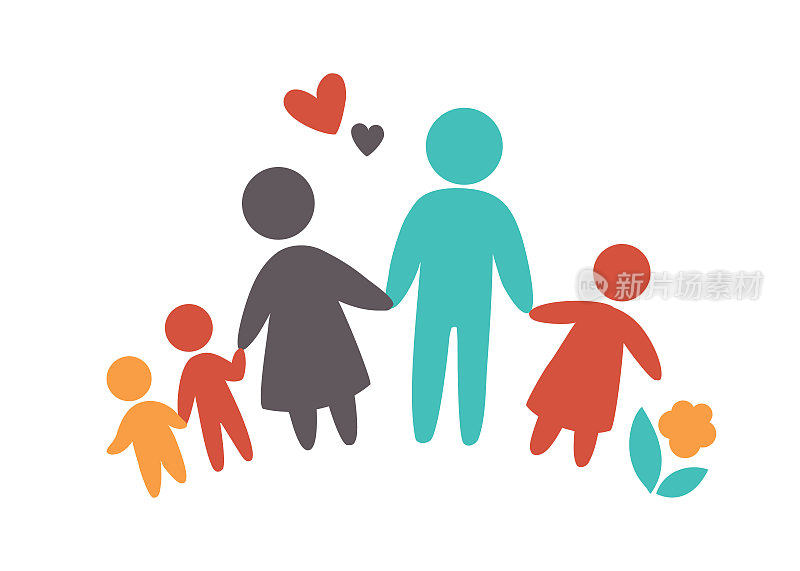 幸福家庭的图标在简单的数字多色。三个孩子，爸爸和妈妈站在一起。向量可以用作标识类型