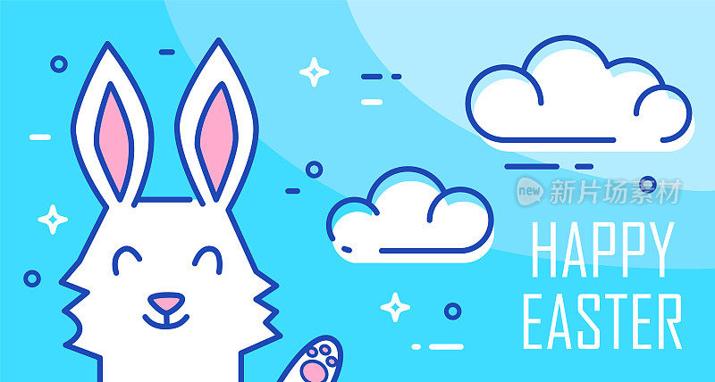 复活节快乐旗帜与兔子和云彩在蓝色的背景。细线平面设计。向量贺卡。