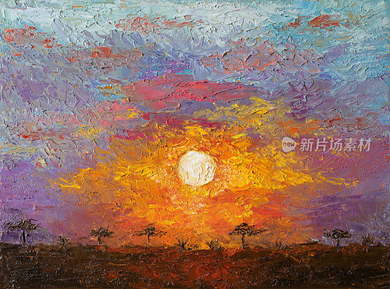 油画上的日落在非洲大草原景观。壮观温暖的阳光。现代印象派艺术品。