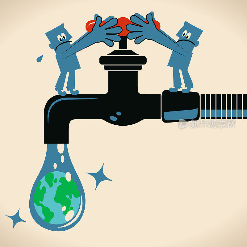 环境保护小组的两个人用一滴地球水来打开或关闭水龙头