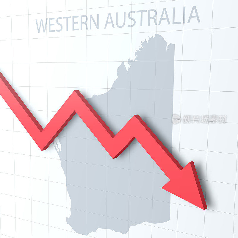下落红色箭头与西澳大利亚地图的背景
