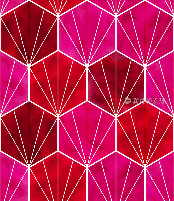 水彩红色和粉红色六边形无缝模式。抽象背景，设计元素。矢量瓷砖蜂窝图案，里斯本阿拉伯几何六边形马赛克，地中海无缝红色和粉色装饰。