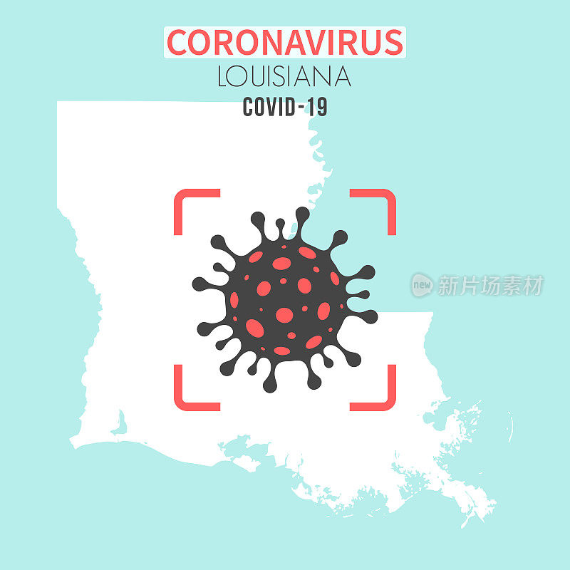 路易斯安那州地图，红色取景器中有冠状病毒细胞(COVID-19)