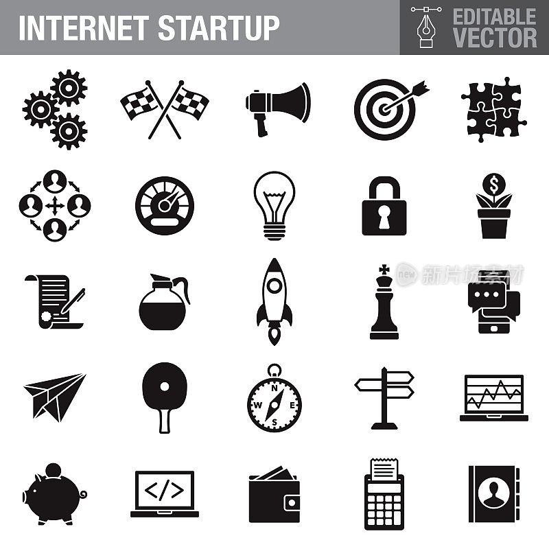 互联网创业黑色字形图标集