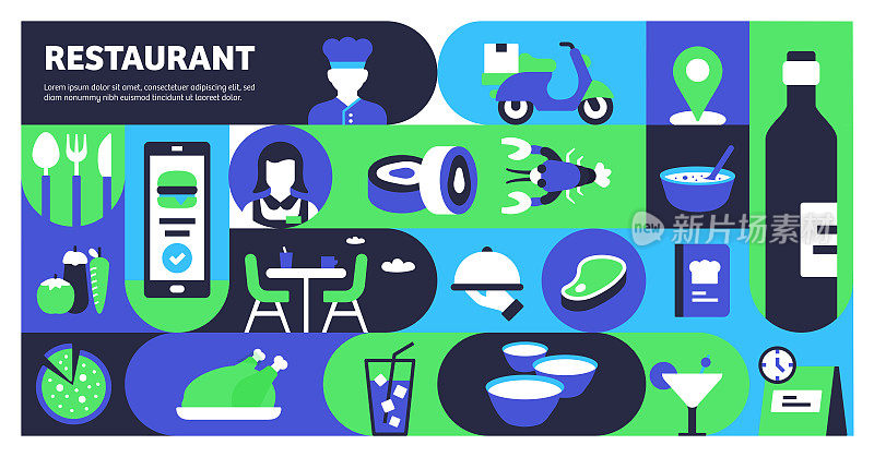 餐厅，食物和饮料相关的平面风格矢量插图