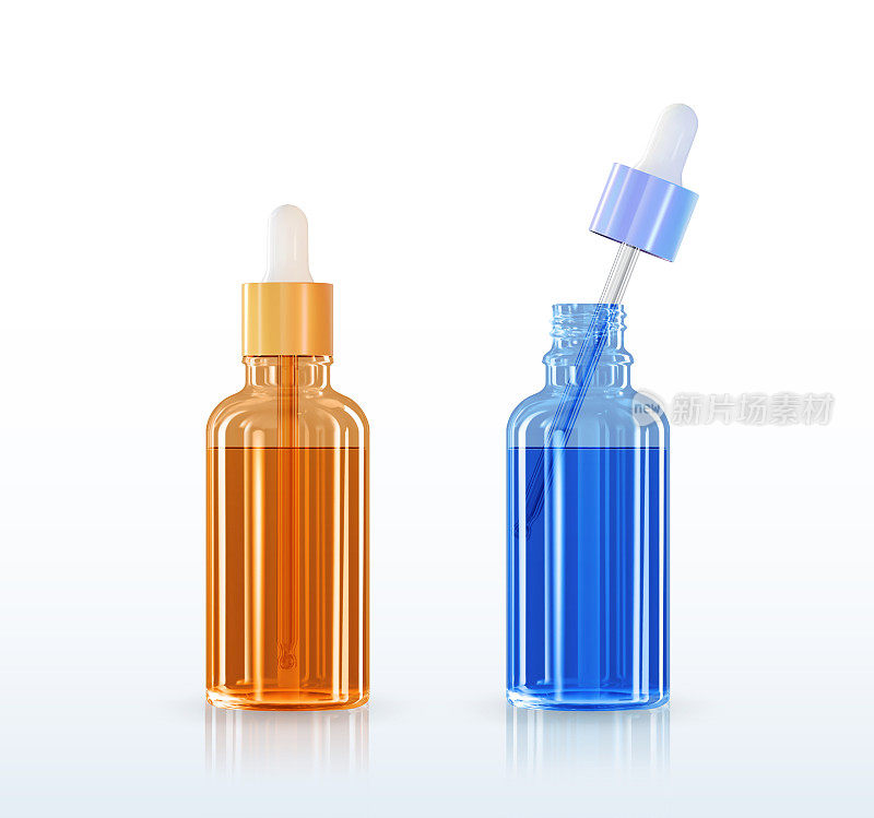 一套逼真的化妆品容器不同颜色的玻璃与胶原蛋白溶液广告背景准备使用，豪华护肤霜。美容产品广告设计。透明的吸管