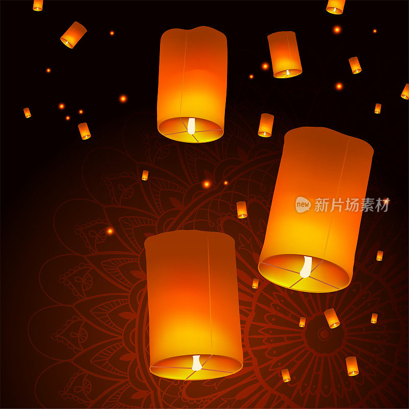 快乐的排灯节节日背景与天空的灯笼漂浮在曼荼罗，印度节日的灯光庆祝概念，创造性的矢量插图。