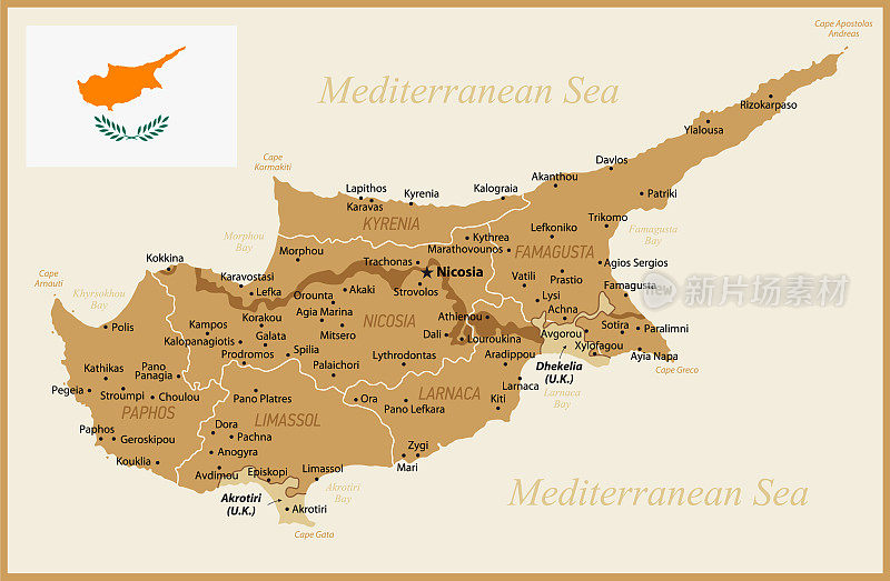 塞浦路斯的地图。矢量插图与地区和首都城市