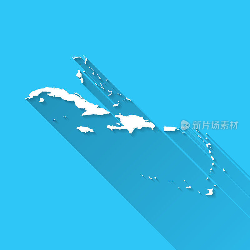 加勒比地图与长阴影在蓝色的背景-平面设计