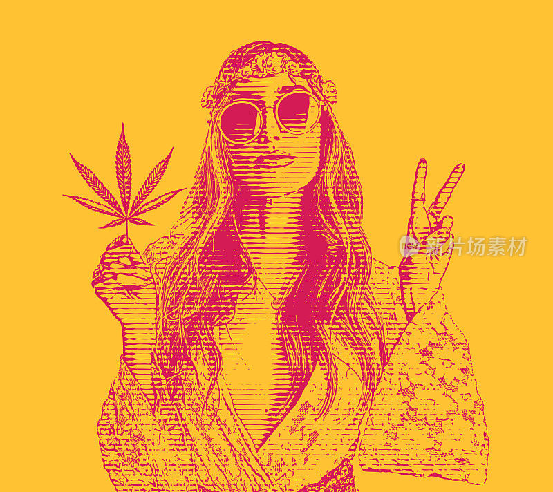 成年嬉皮女子手持大麻叶