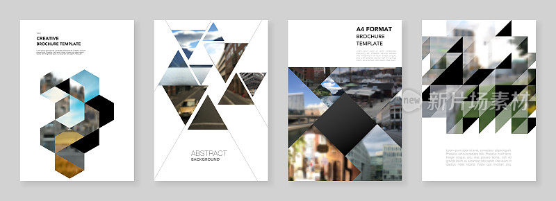 A4宣传册布局封面设计模板用三角形，三角形图案为传单传单，A4宣传册设计，报告，展示，杂志封面，书籍设计。背景与地方的照片