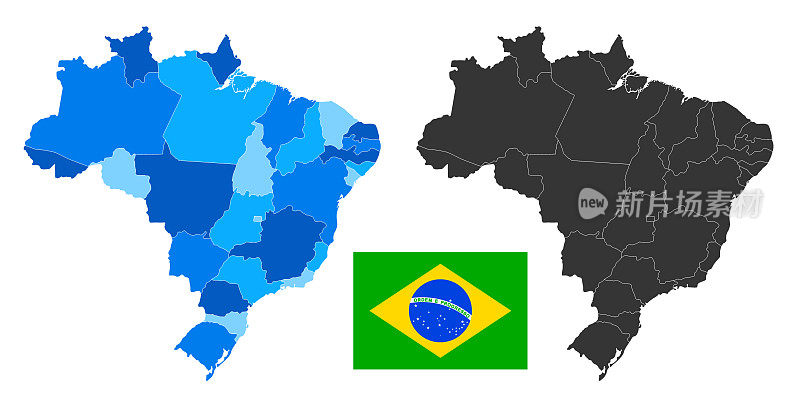 巴西地图与国旗。高详细的蓝色矢量插图