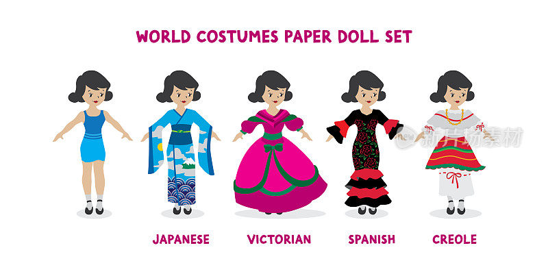 一套纸娃娃在不同的文化服装