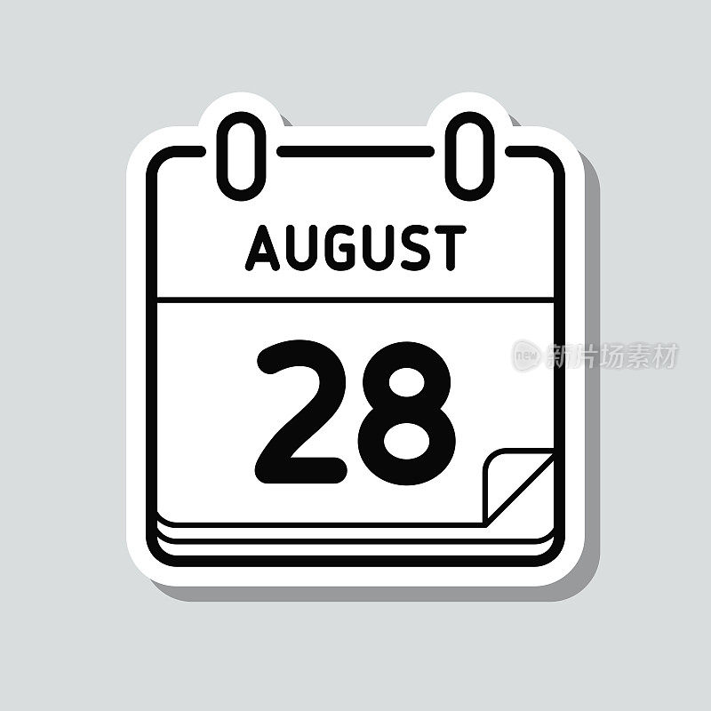 8月28日。灰色背景上的图标贴纸