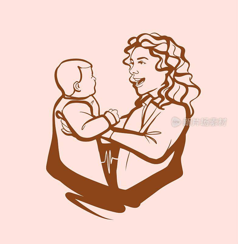 一位年轻妇女怀里抱着一个小孩。妈妈玩着，拥抱着宝宝。一个标志，一个手绘的草图