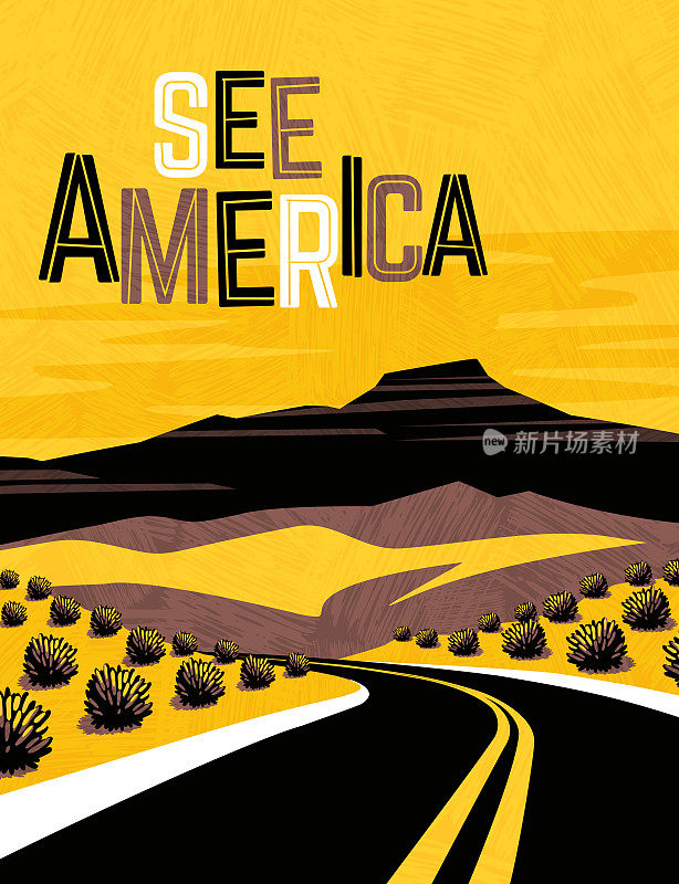 美国西南部复古旅游海报设计。用于海报、横幅、旅游贴纸。