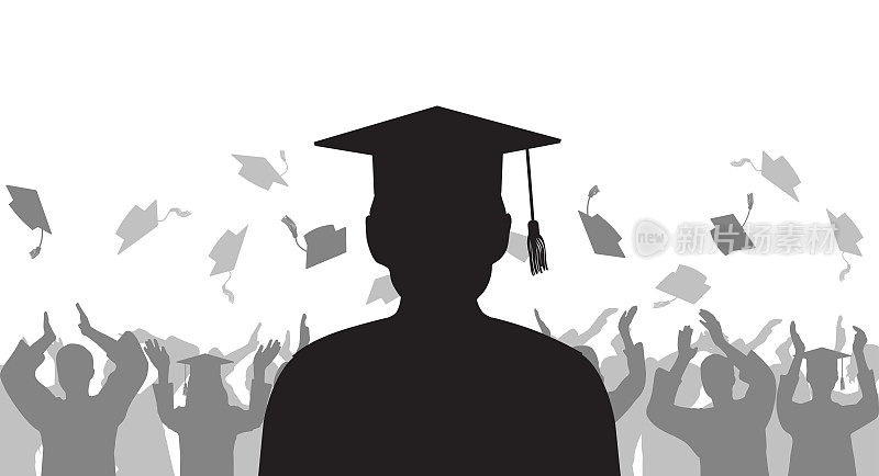 欢快的人群在扔学士帽的背景上剪影毕业生。毕业典礼。矢量插图。