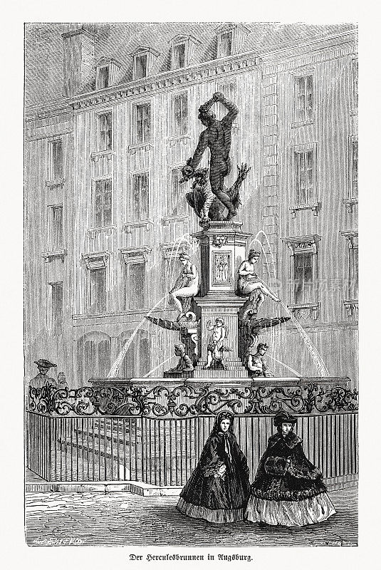 大力神喷泉(Herkulesbrunnen)，德国巴伐利亚州奥格斯堡，木版，1868年出版