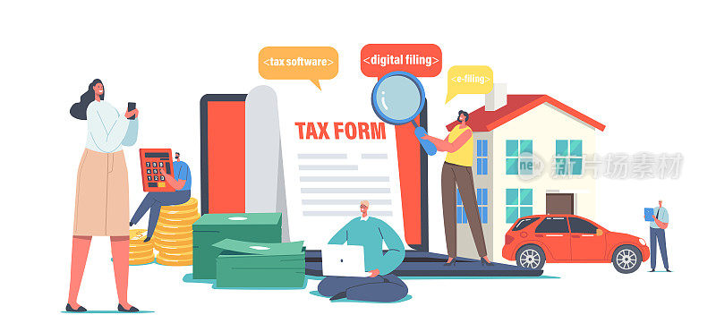 字符计算网上纳税。小人物填写庞大的税务申请表。在线税务软件