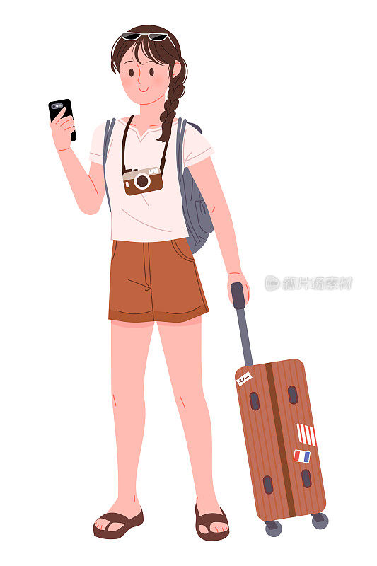 一个脖子上挂着照相机的女性旅行者拖着一个手提箱。一名女子正在智能手机上搜索旅游信息。