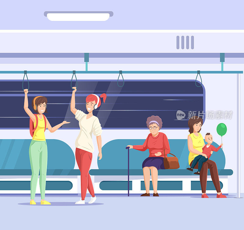 一大群人乘坐公共交通工具地铁。乘客乘坐市内巴士、地铁列车。妇女、老人、儿童在火车内部交流、聊天、看书。