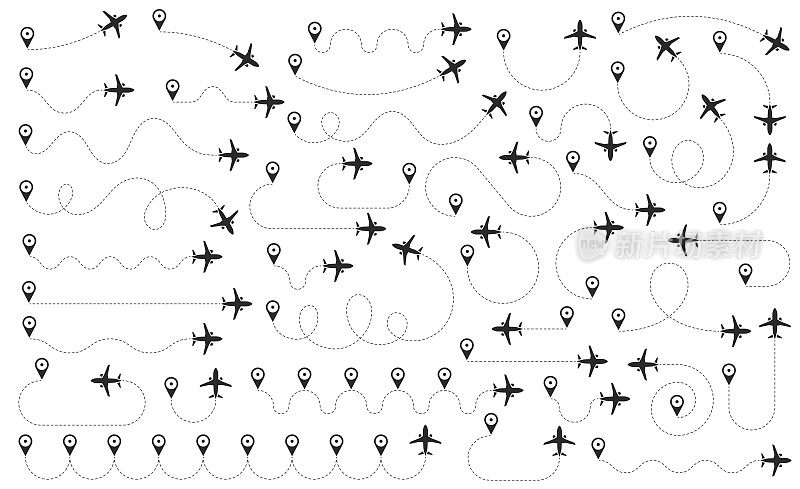 飞机从位置点沿虚线飞行的轨迹。从带有飞机轮廓的航路点出发的飞行路线。向量的元素。