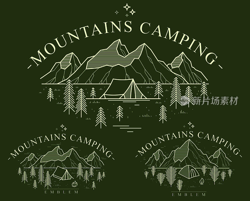 以山为山脉和松林为矢量的野营帐篷的直线纹章，以假日和假期为主题的线条艺术绘画，设计wanderlust的标志。