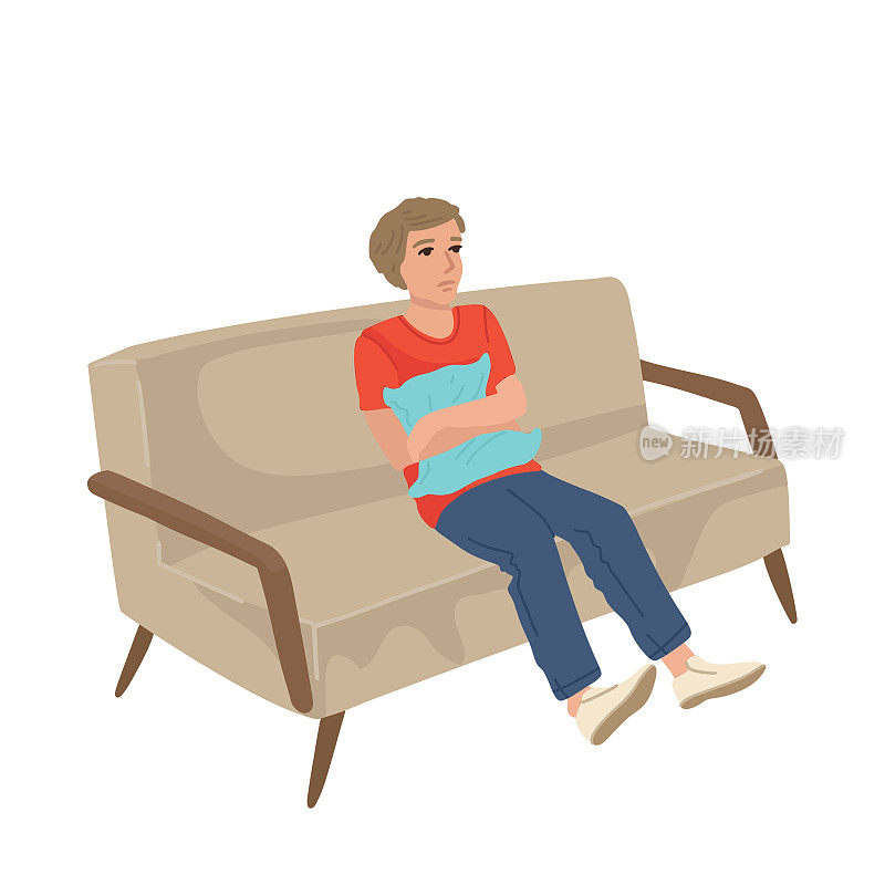 十几岁的男孩坐在沙发上，压着枕头，胃痛，心情不好，生病了。矢量插图的一个字符在白色的背景。