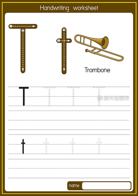 矢量说明长号与字母T大写字母或大写字母的儿童学习练习ABC