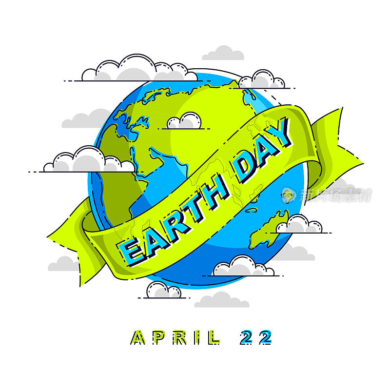 拯救地球，保护我们的星球，生态生态，气候变化，地球日4月22日，地球与丝带和打字矢量标志或插图孤立在白色背景上。