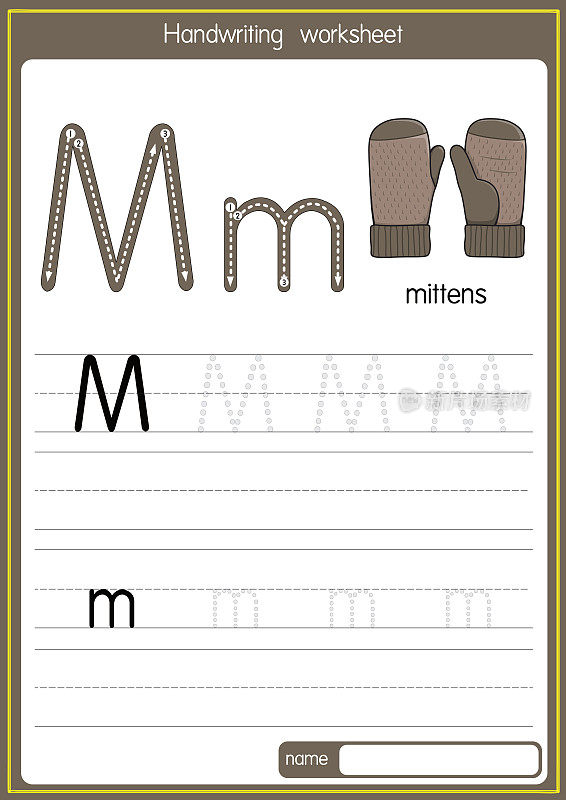 矢量插图的Mitten字母M大写字母或大写字母的儿童学习练习ABC