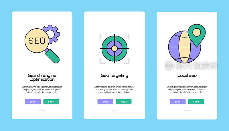搜索引擎优化概念Onboarding移动应用程序页面屏幕与平面图标。UI设计模板矢量插图