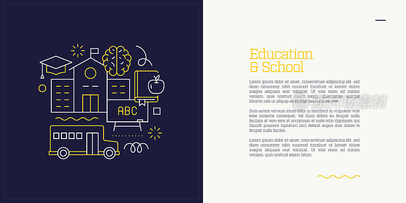 图解教育与学校概念的向量集。线条艺术风格的网页，横幅，海报，印刷等背景设计。矢量插图。