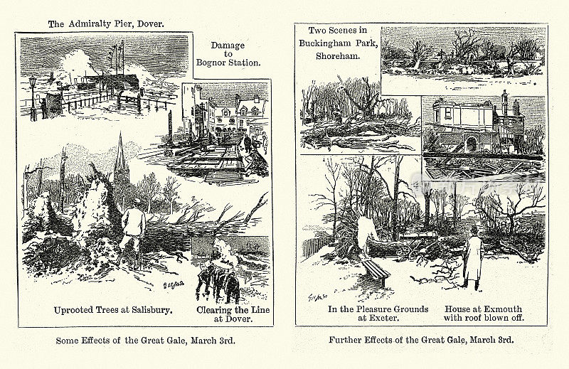 1897年3月3日，由巨大的风暴造成的破坏，潜水员，索尔兹伯里，埃克塞特，埃克斯茅斯，维多利亚1890年代，19世纪