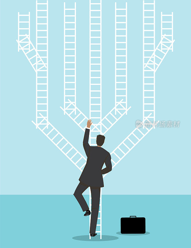 一个商人站在梯子前试图做出职业选择