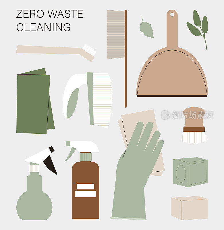 零废弃物清洁用品集。手戴手套，刷和环保瓶子。