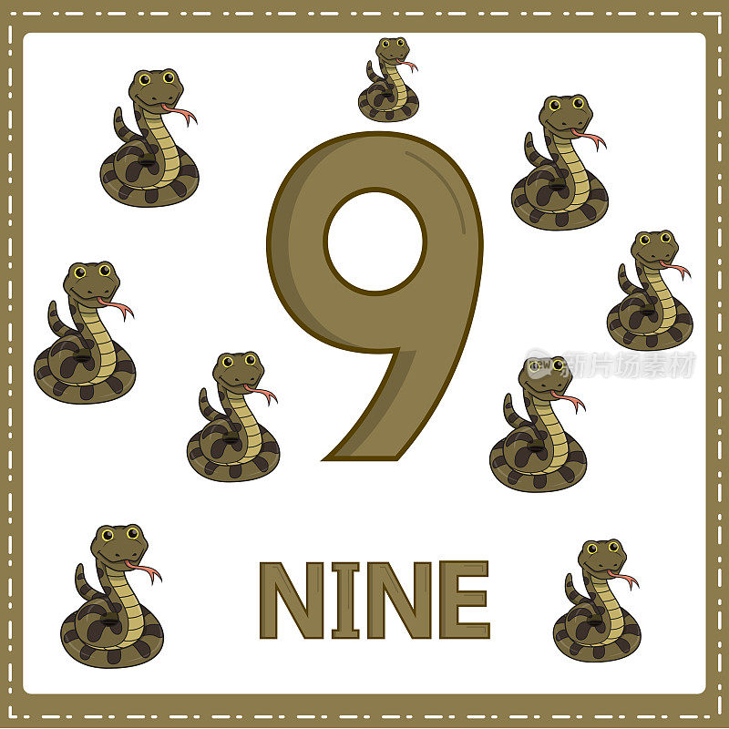 儿童数字教育插图。这样孩子们就可以学习数数9和9蛇，如图所示在动物类别中。