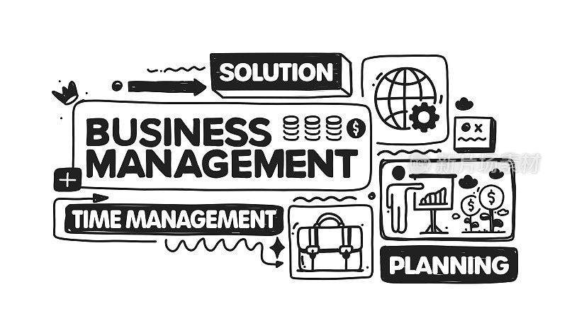 业务管理对象和元素。矢量涂鸦插图收集。手绘图标集或横幅模板