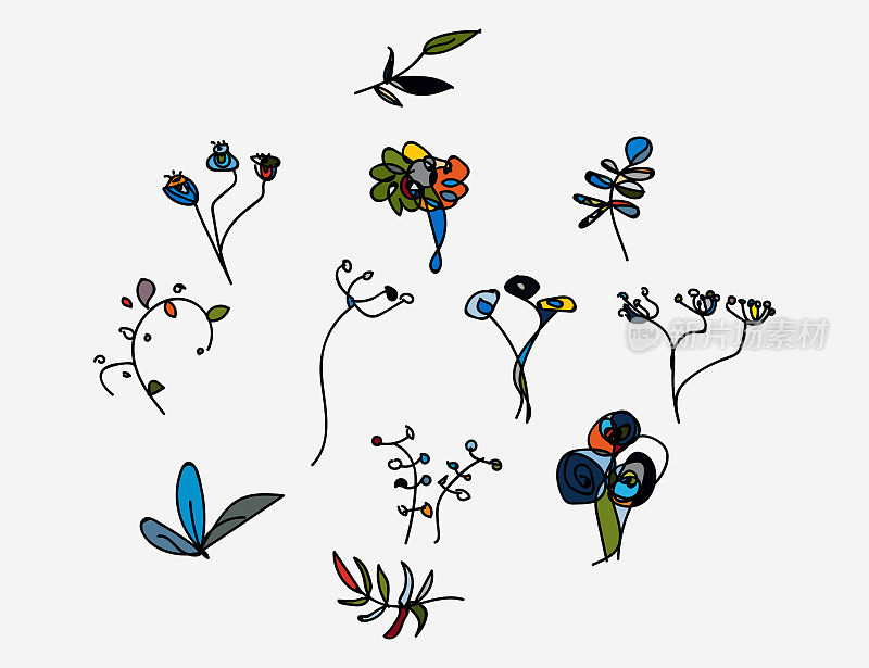 一套手绘植物枝花图案，涂鸦设计元素